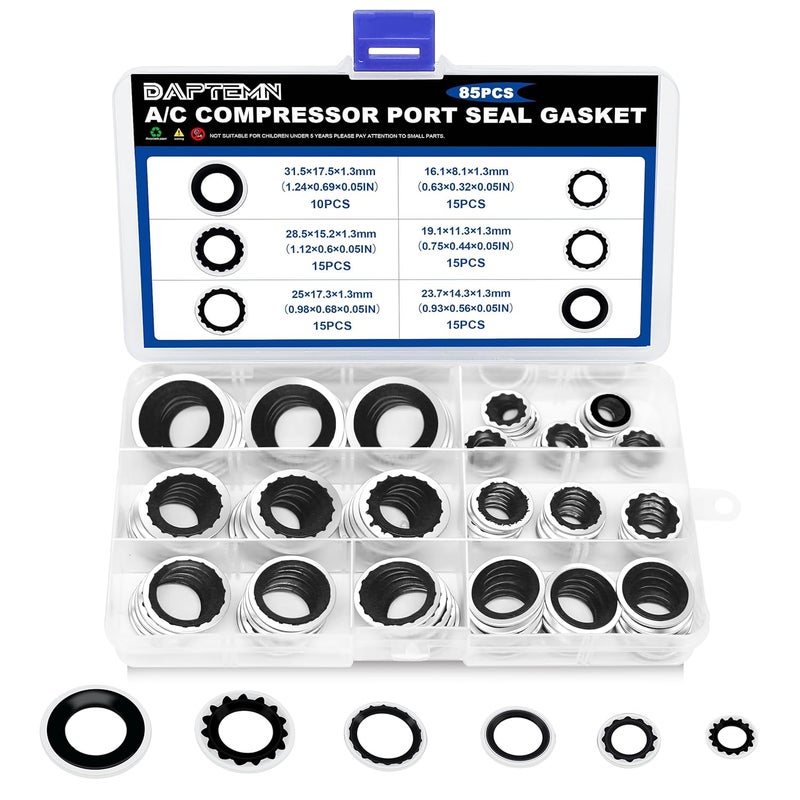 Daptemn 85PCS A/C Compressor Seal Washers Kit, 6 Sizes Air Conditioning Compressor Port Gasket Repairs Universal Automotive Self-Centered Bonded Sealing Washers (ID: 8mm-17.5mm) (Black) - Image 1